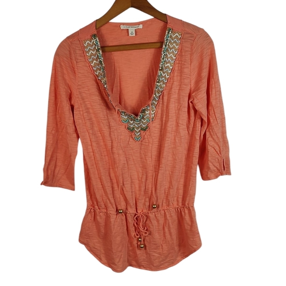 Banana Republic Beaded Coral Top V-neck Tie Waist Size XS